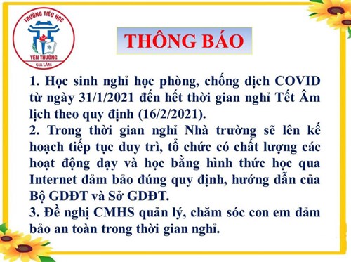 Kính gửi các bậc Phụ huynh trường mần non Đình Xuyên
Thông báo chính thức của UBND Thành phố Hà Nội về việc cho học sinh, sinh viên nghỉ học nhằm đảm bảo công tác phòng chống dịch Covid-19.