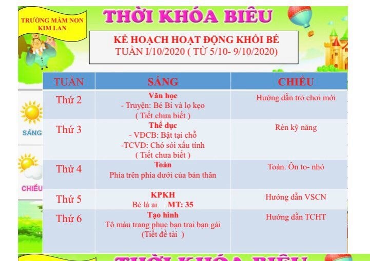 Kế hoạch giáo dục tuần 1 tháng 10/2020 khối mg bé