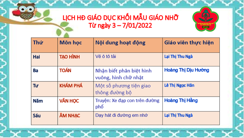 Lịch HĐ giáo dục khối mẫu giáo nhỡ từ ngày 3/1 đến ngày 7/1/2022

