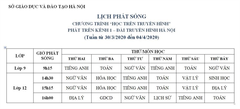 Lịch học trên truyền hình từ 30-3-2020 đến 4-4-2020