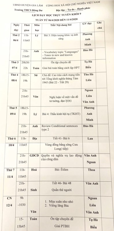 Thời khóa biểu dạy trực tuyến khối 9 Trường THCS Đông Dư