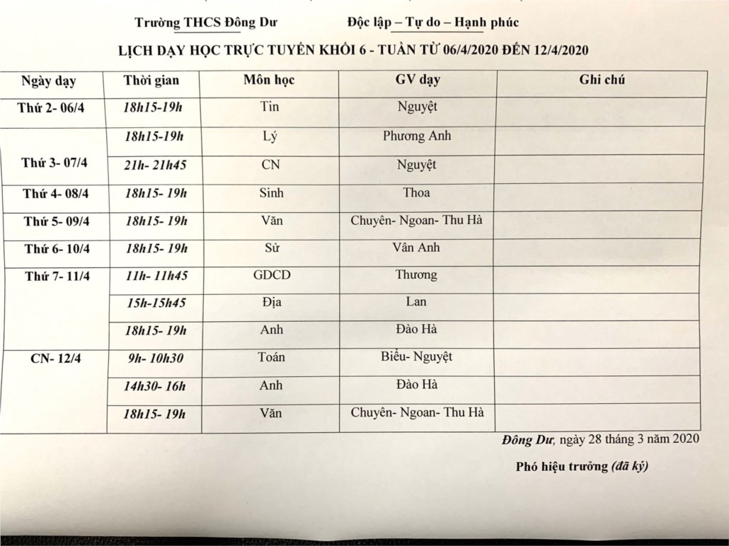 Thời khóa biểu dạy trực tuyến khối 6 Trường THCS Đông Dư