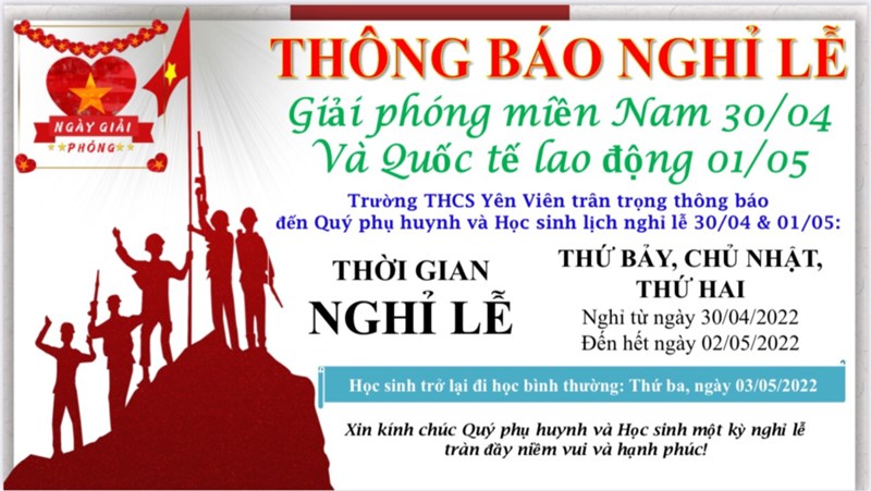 Lịch nghỉ lễ 30-4, 1-5 trường THCS Yên Viên