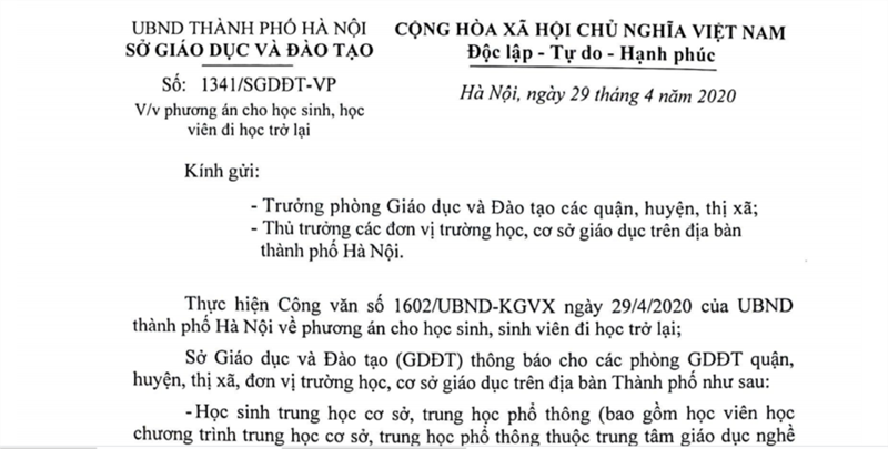 Công văn 1341 của Sở GD&ĐT Hà Nội về  Phương án cho HS đi học trở lại