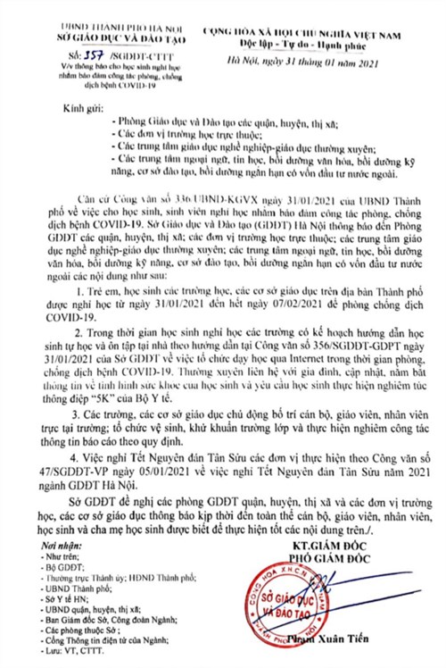 Công văn Nghỉ học của Sở GD&ĐT Hà Nội