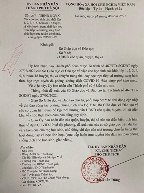 Công văn 570 của UBND Thành phố Hà Nội về việc điều chỉnh hình thức dạy học từ 28/02/2022