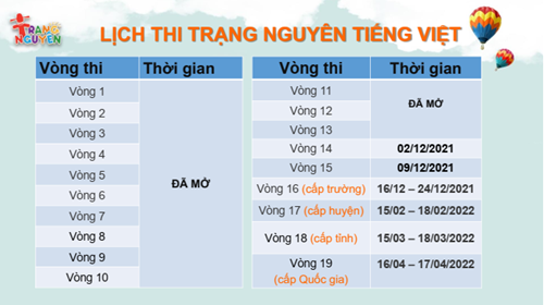 Lịch thi Trạng nguyên Tiếng việt năm học 2021-2022. 