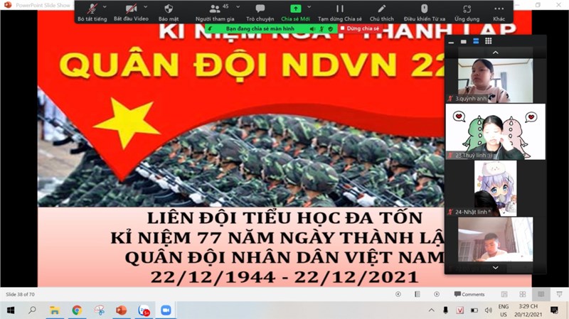 Các chi đội, các lớp của Liên đội Tiểu học Đa Tốn chào mừng 77 năm ngày thành lập Quân đội nhân dân Việt Nam 22/12/1944- 22/12/2021.