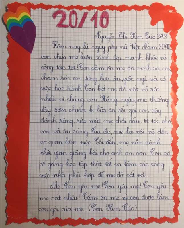 Bạn Nguyễn Thị Kim Cúc lớp 3A3 cũng thể hiện tình cảm của mình với mẹ bằng những câu văn chân thành.