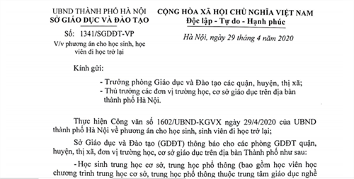 Công văn số 1341 của Sở GD&ĐT Hà Nội về phương án cho học sinh đi học trở lại