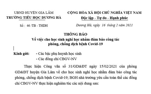 THÔNG BÁO: 
Về việc cho học sinh nghỉ học nhằm đảm bảo công tác phòng, chống dịch bệnh Covid-19 
