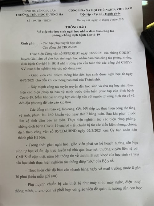 Thông báo nghỉ học phòng chống Covid 19 từ ngày 4.5.2021