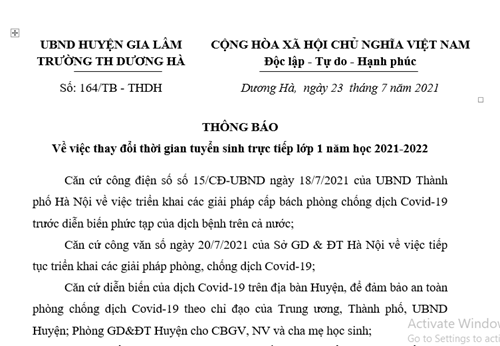 Thông báo thay đổi thời gian tuyển sinh trực tiếp lớp 1 năm học 2021 - 2022