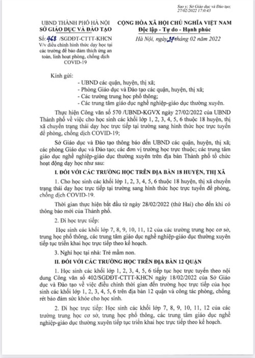 Công văn 468 của Sở giáo dục và Đào tạo Hà Nội về việc điều chỉnh hình thức dạy học từ 28/02/2022
