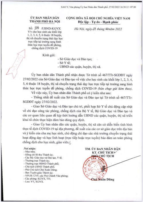 Công văn số 570 của Uỷ ban nhân dân Thành phố Hà Nội về việc điều chỉnh hình thức học của 18 Huyện, Thị xã