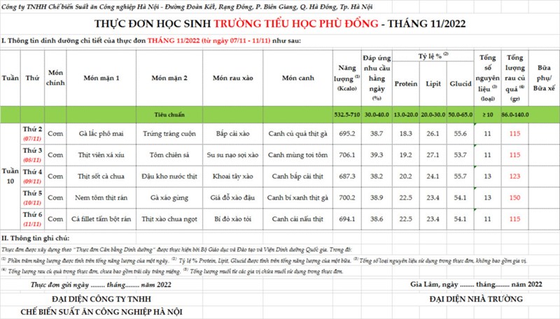 Thực  đơn bán trú tuần 10 năm học 2022-2023