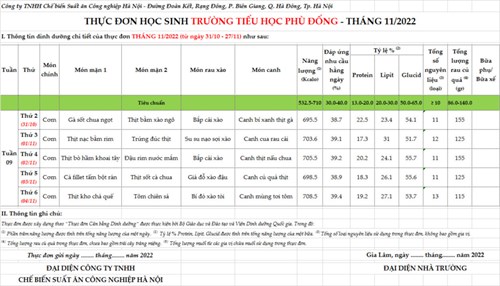 Thực đơn bán trú tuần 9 năm học 2022-2023