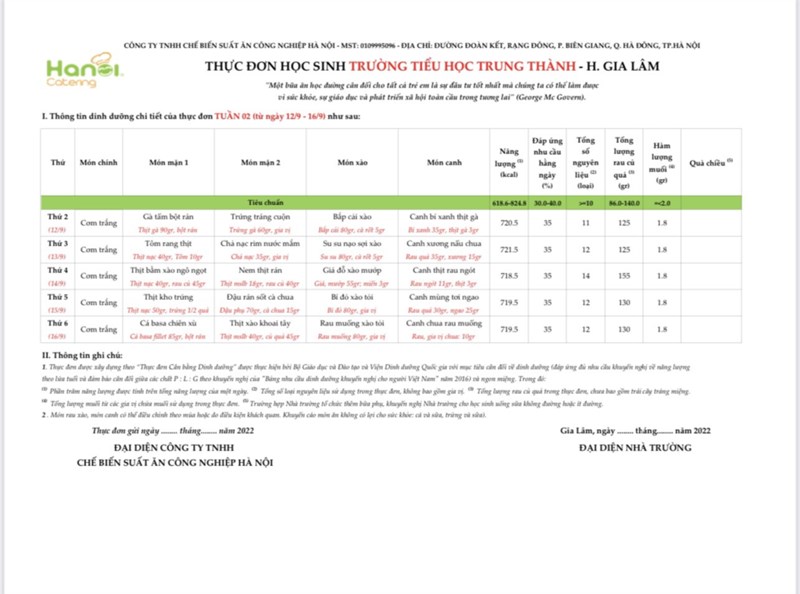 Thực đơn bán trú tuần 2 từ ngày 12/9 đến ngày 16/9/2022
