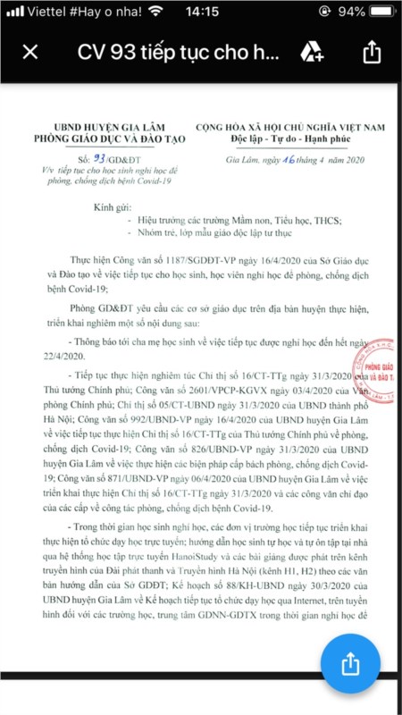TIÊP TỤC CHO HỌC SINH NGHỈ HỌC ĐỂ PHÒNG CHỐNG DỊCH BỆNH COVID-19 (thời gian nghỉ đến hết ngày 22/4/2020)